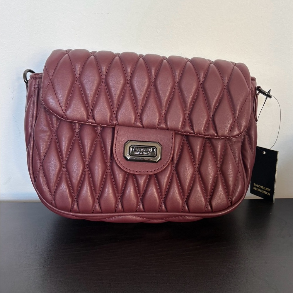 BADGLEY MISCHKA MSRP $149 Plum Burgundy Mini Quilted Messenger Crossbody Bag